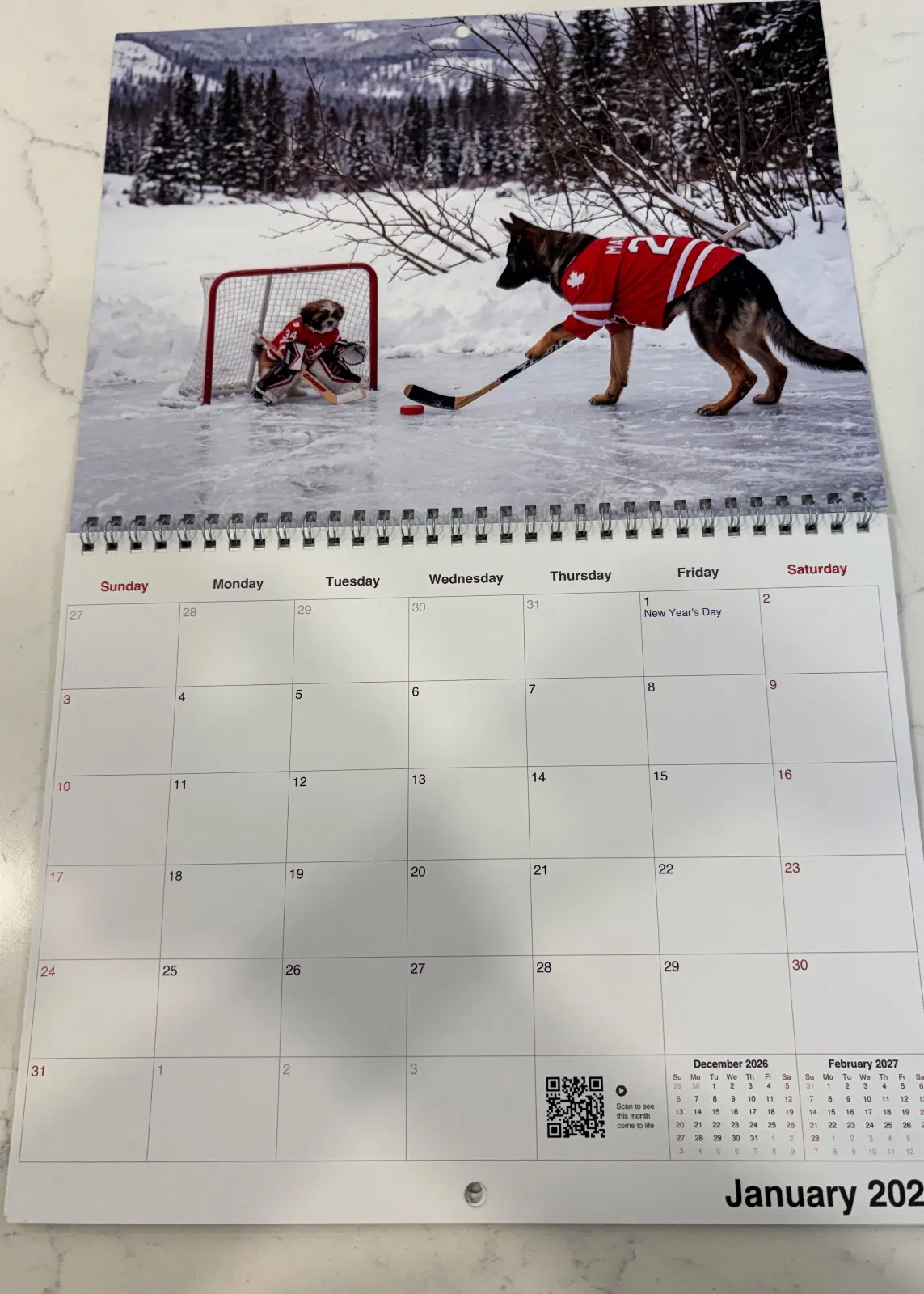 An open printed Canadian calendar shows a German Shepherd and a Shih Tzu playing hockey on ice.