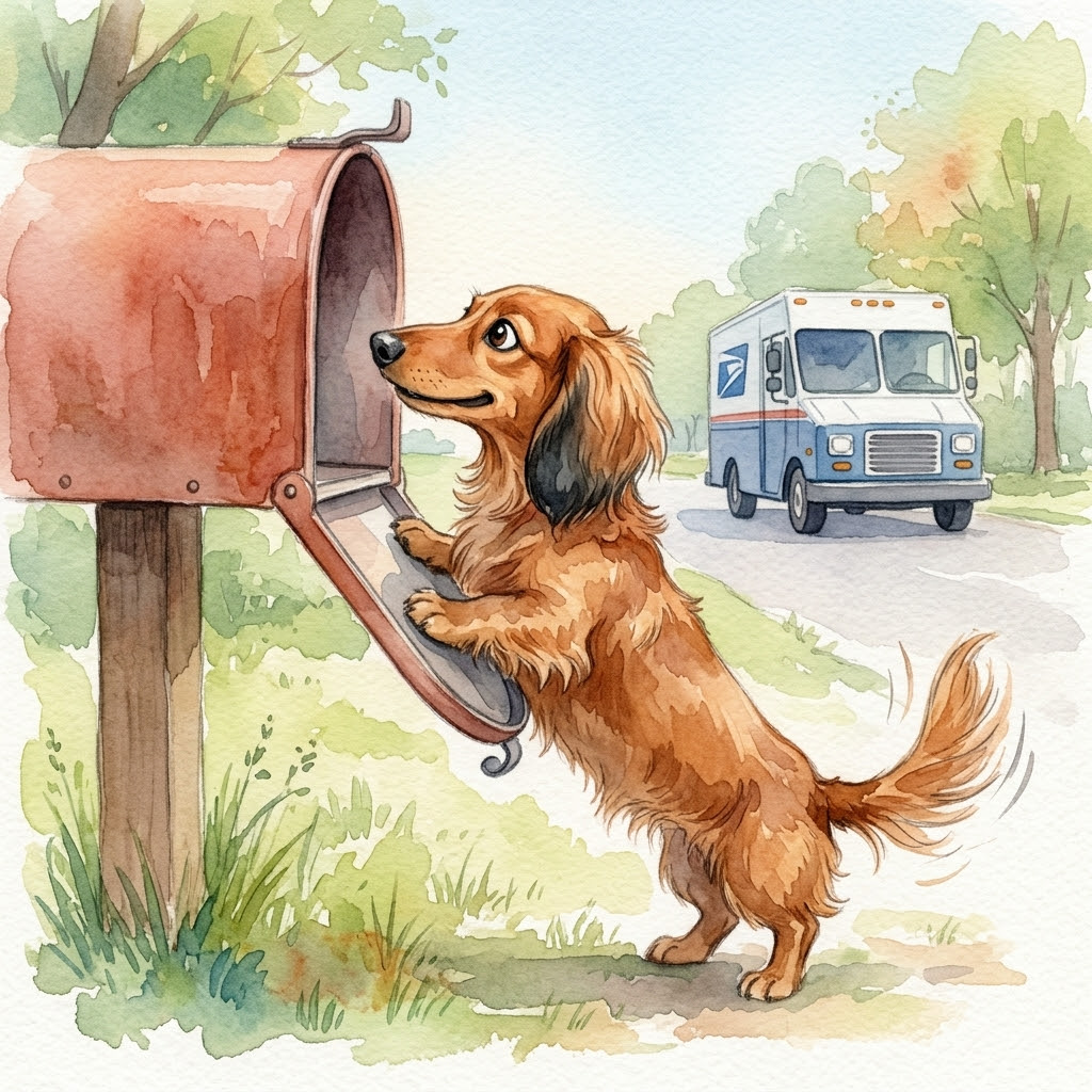 Example shipping confirmation email featuring an AI-generated watercolor image of the customer's dachshund checking the mailbox as a USPS truck arrives.