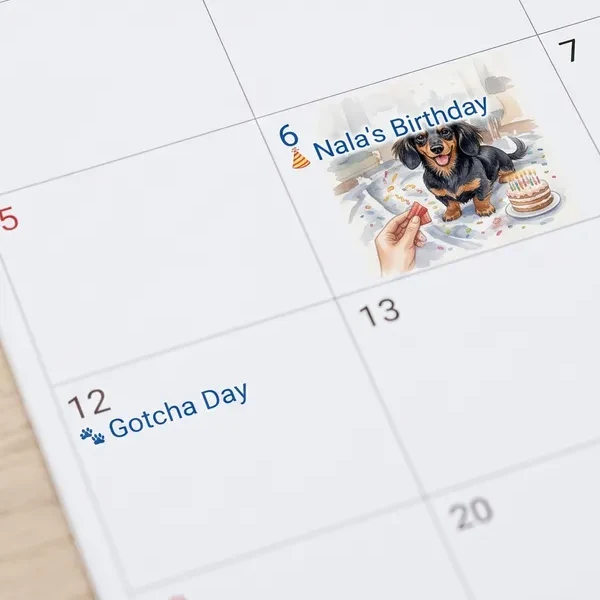 Illustration of a calendar grid: Nala the dachshund painted inside her birthday square beside a cake, and a Gotcha Day marked with paw prints