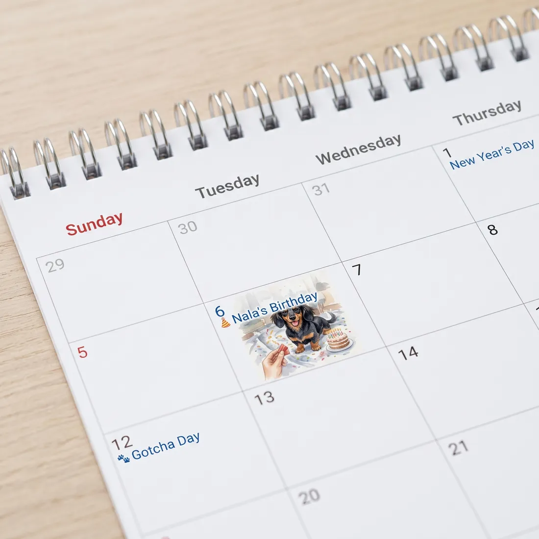 Une case du calendrier contenant une illustration d’anniversaire de l’animal