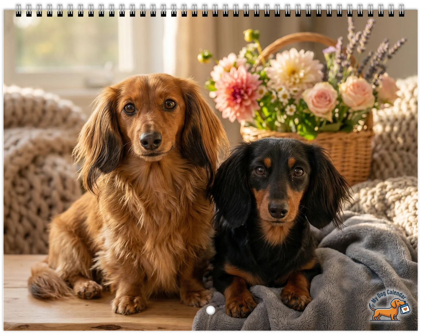 A printed AI-generated pet calendar in the Adorable style, wire-bound at the top, with our logo in the corner of its cover. On the cover, Minnie, a red long-haired dachshund, and Nala, a black and tan dachshund, are side by side in window light, with a knitted throw and a basket of flowers behind them