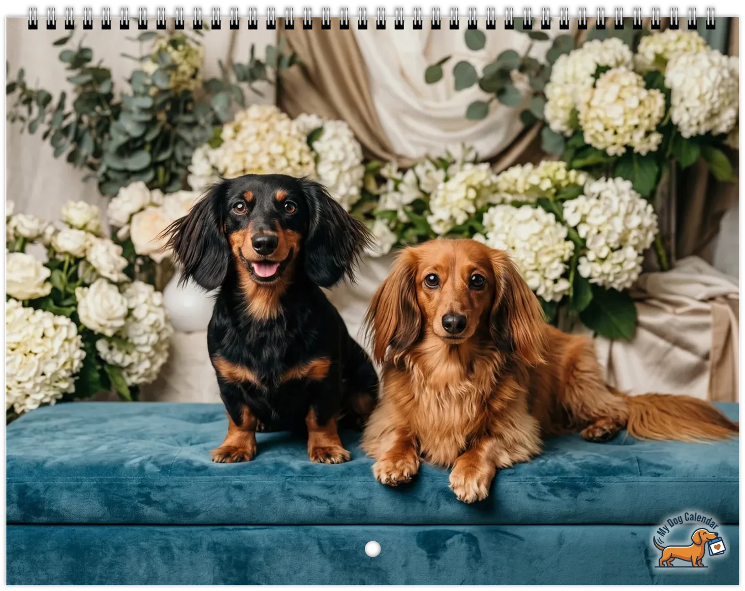 A printed Picture Perfect calendar, wire-bound at the top, with our logo in the corner of its cover. On the cover, two dachshunds sit side by side on a velvet bench in front of white hydrangeas, faces to the camera