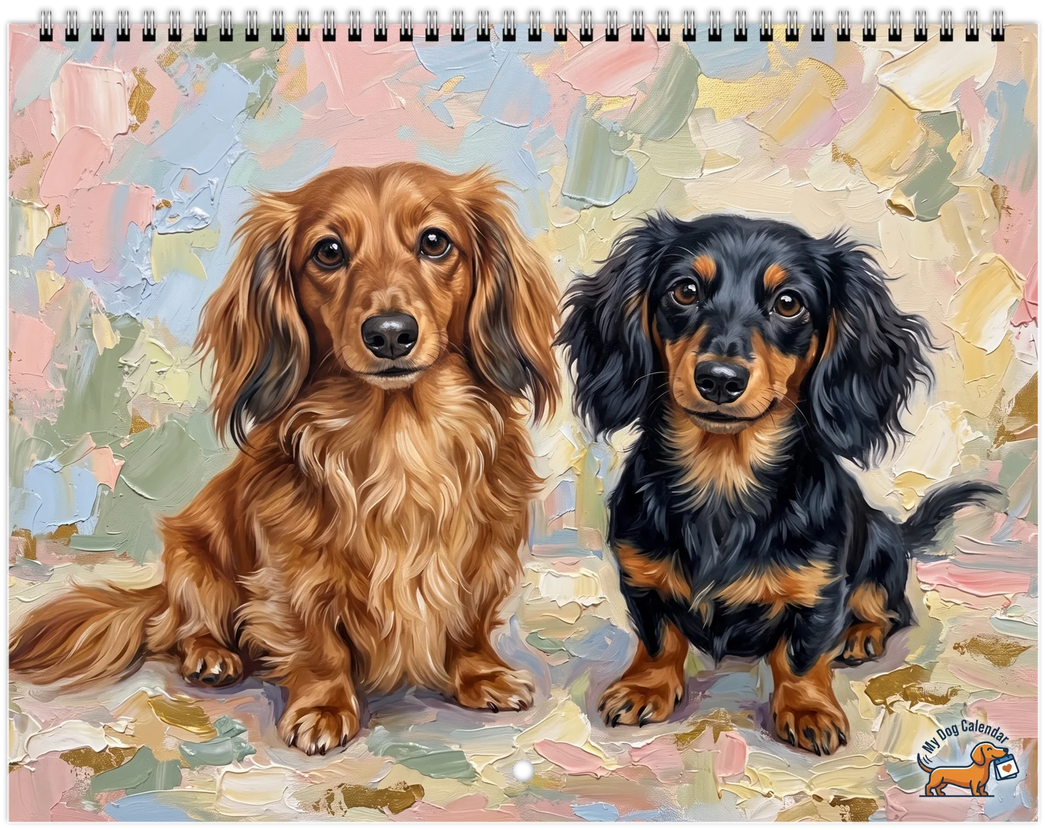 A printed Sunlit Oil Painting calendar, wire-bound at the top, with our logo in the corner of its cover. On the cover, two long-haired dachshunds, one red and one black and tan, sit side by side on soft pastel brushstrokes
