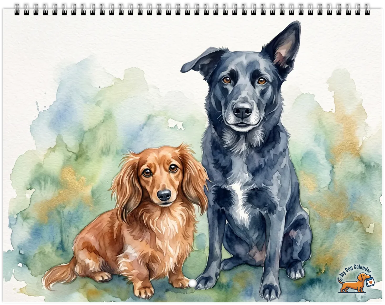 A printed Watercolor calendar, wire-bound at the top, with our logo in the corner of its cover. On the cover, a red long-haired dachshund and a black dog are painted side by side in a green garden