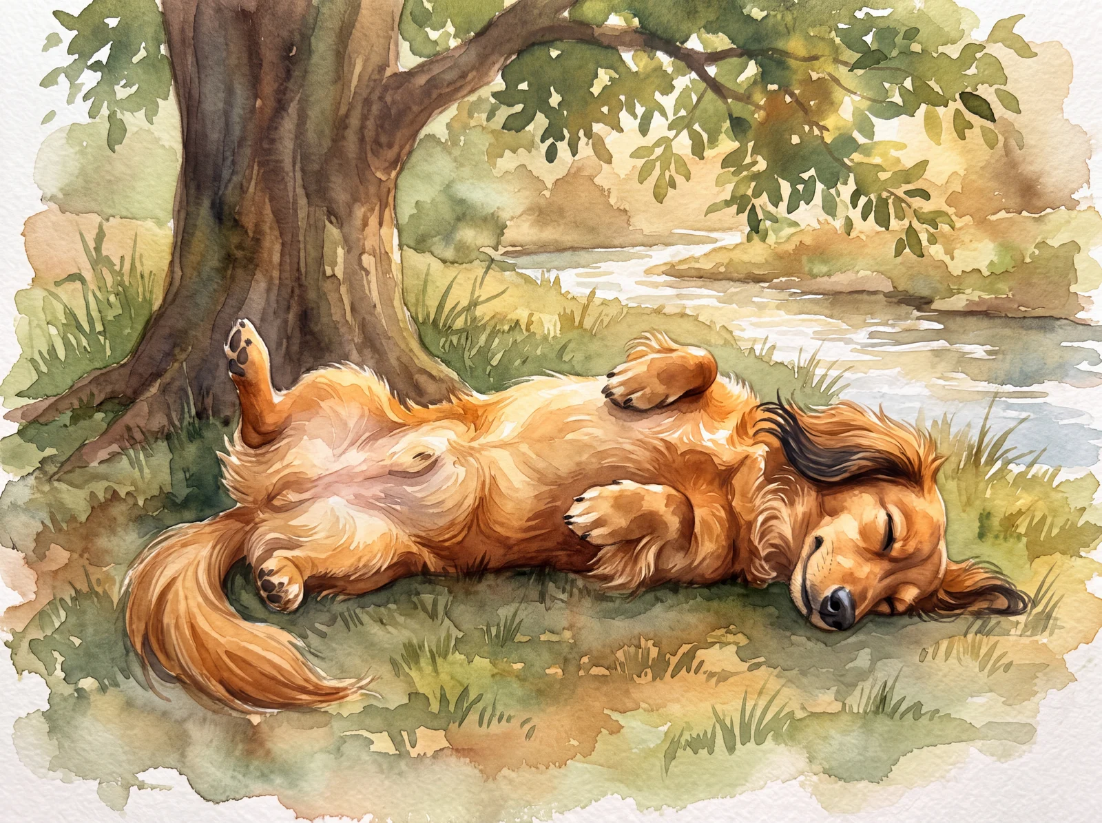 AI-generated watercolour calendar artwork of Minnie the dachshund napping belly-up under a shade tree in August
