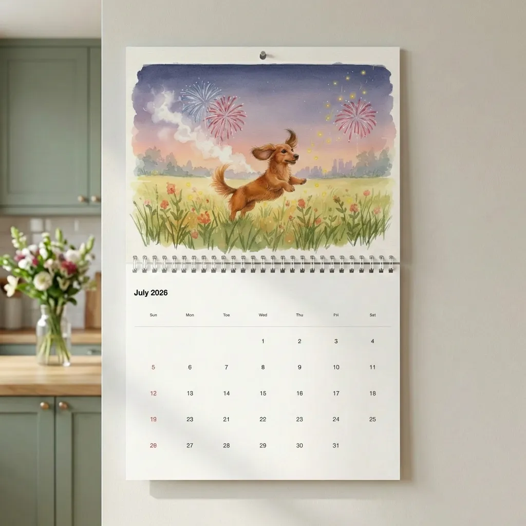 Custom pet calendar hanging on wall - jul
