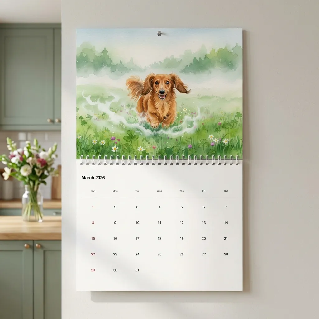 Custom pet calendar hanging on wall - mar