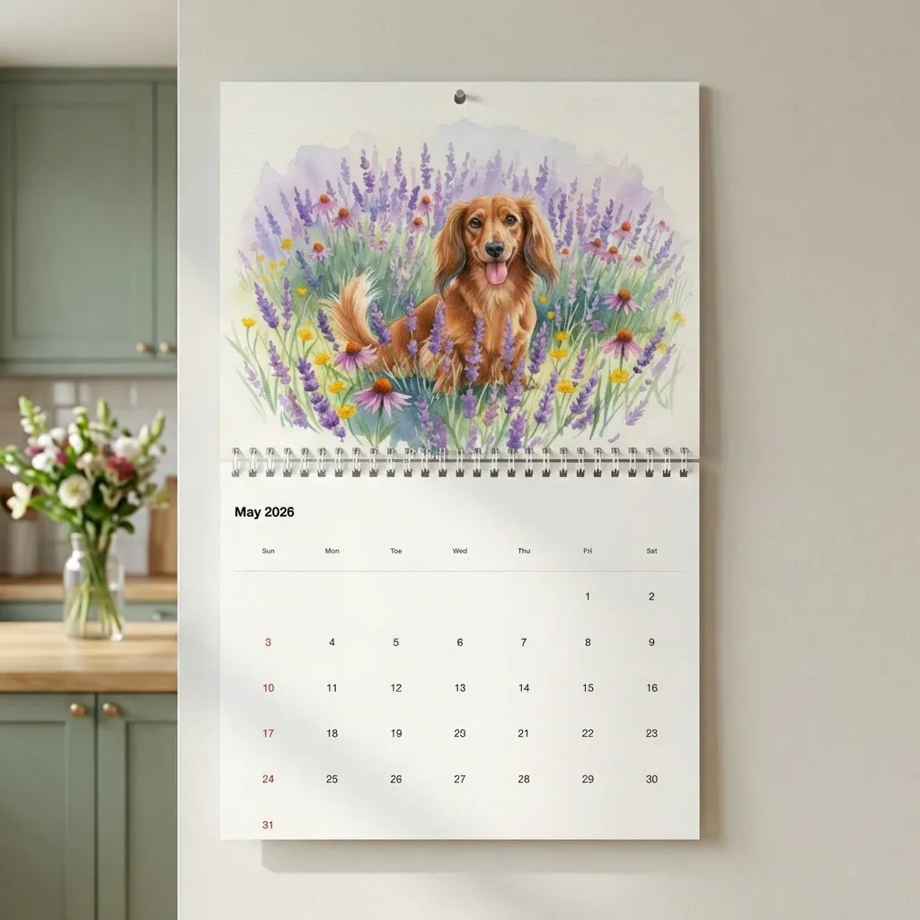 Custom pet calendar hanging on wall - may