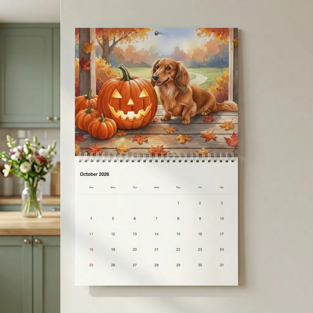 Custom pet calendar hanging on wall - oct