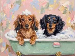 April in the Sunlit Oil Painting example calendar, with Minnie and Nala