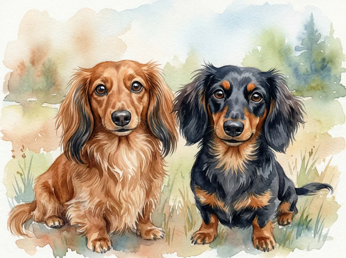 The cover of Minnie and Nala’s Watercolor calendar: two dachshunds painted together