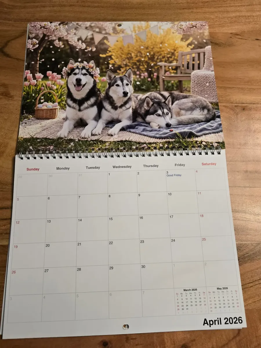 Katie's printed calendar, photographed at home in Falher