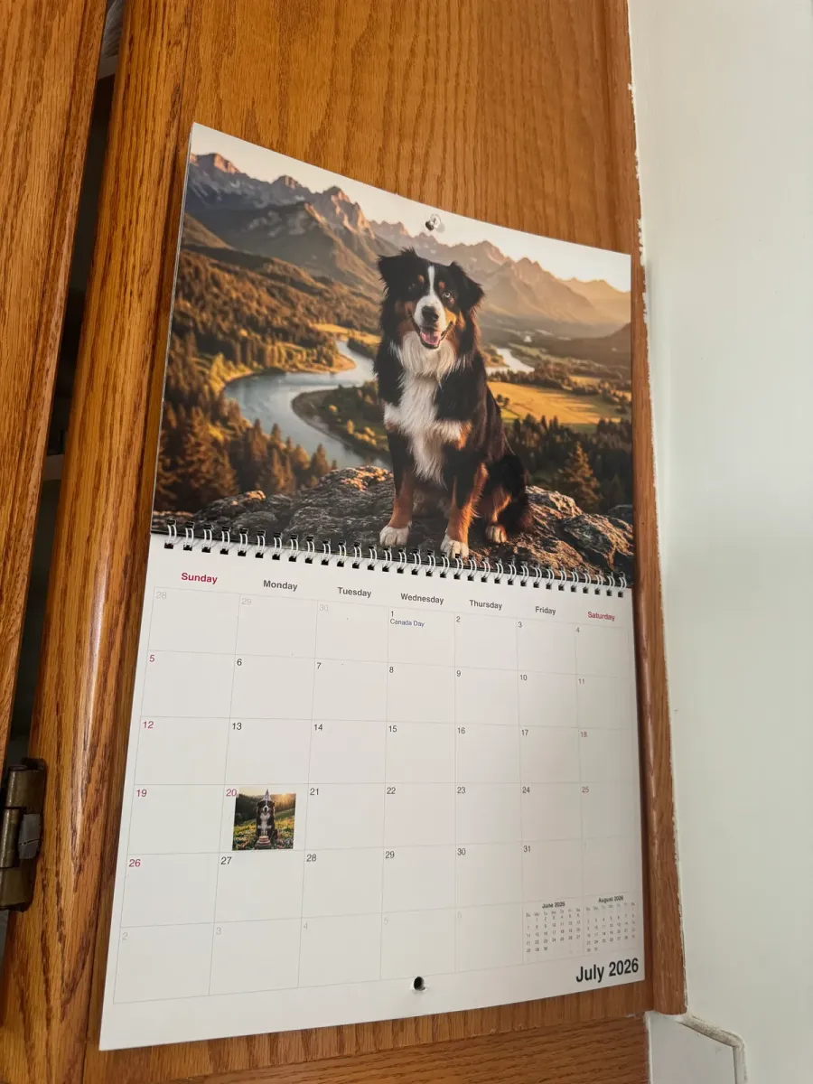 Oneli's printed calendar, photographed at home in Delta