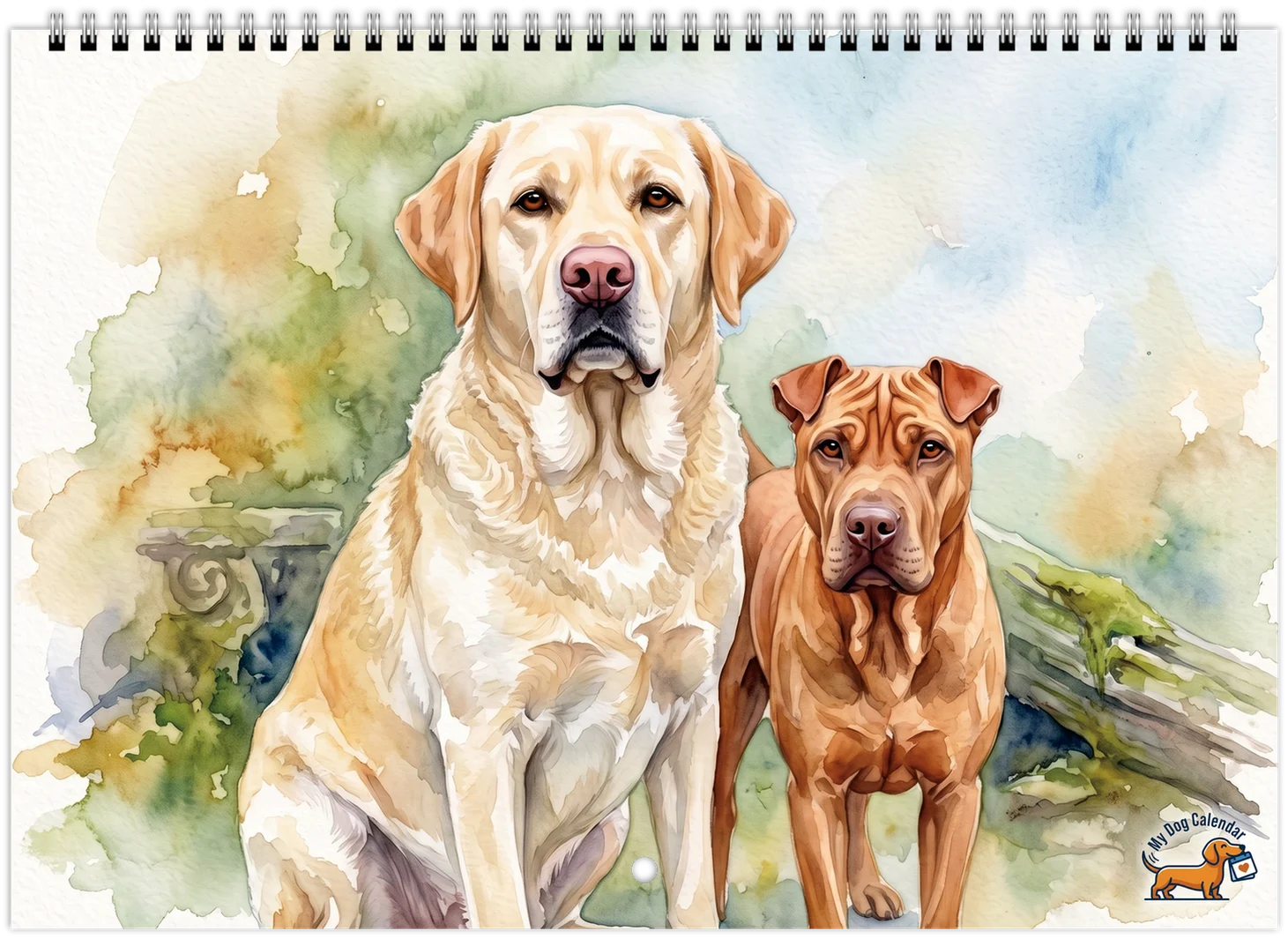 Le calendrier imprimé de Murphy et Bella : la couverture à l’aquarelle des deux chiens assis côte à côte, avec la reliure à spirale en haut
