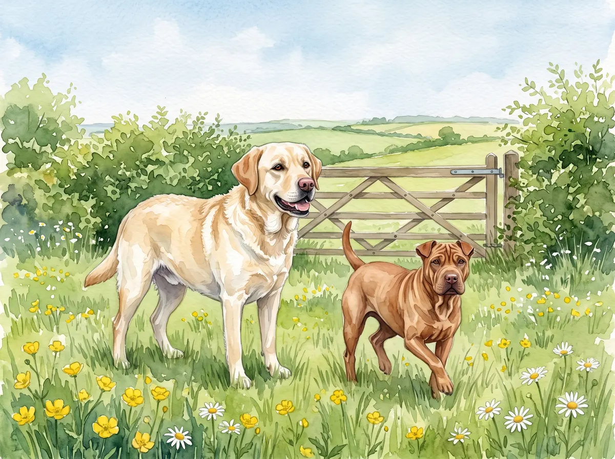 Juin : Murphy et Bella dans un pré anglais de boutons d’or et de marguerites, avec des haies et une barrière de bois à cinq traverses